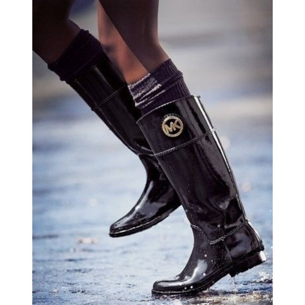 Michael Kors Boots Women 8 Black Gloss Rubber Logo Emblem Stockard Tall Rain